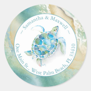 Sticker Rond Watercolor Sea Turtle & Beach Return Adresse Cl