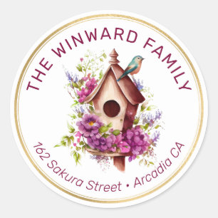 Sticker Rond Watercolor Spring Floral Birdhouse Adresse