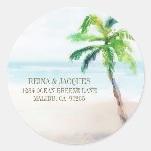 Sticker Rond Watercolor Tropical Beach Palm Tree Adresse de ret