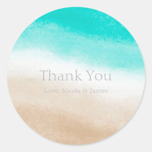 Sticker Rond Watercolor Turquoise & Tan Subtle Beach Mariage