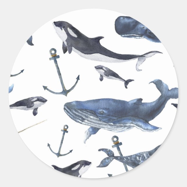 Sticker Rond Watercolor Whale & Anchor Pattern (Devant)