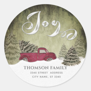 Sticker Rond Watercolor Winter scène rouge camion Joy Holiday