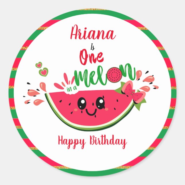 Sticker Rond Watermelon One in a Melon Girl's First Birthday (Devant)