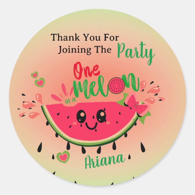 Sticker Rond Watermelon One in a Melon Girl's First Birthday (Devant)