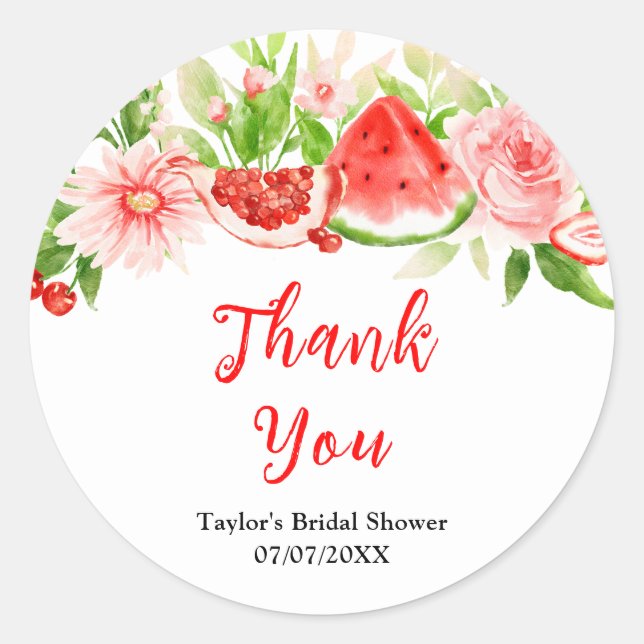 Sticker Rond Watermelon Pomegranate Bridal Shower Thank You (Devant)