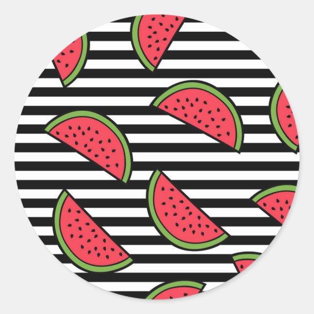 Sticker Rond Watermelon sur Motif Black & White Stripes (Devant)