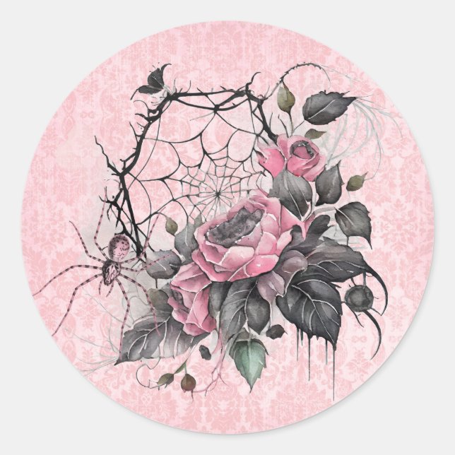 Sticker Rond Web gothique Spider avec Rose | Halloween rose (Devant)
