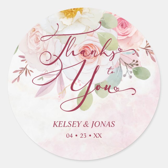Sticker Rond Wedding Pink Floral Thanks to You Whimsical Quote (Devant)