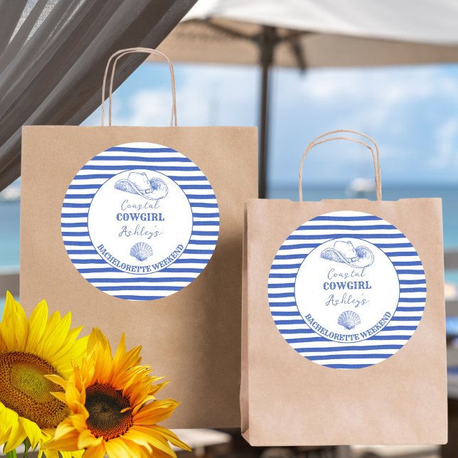 Sticker Rond week-end de célibataire Cowgirl de la côte imprimé (Coastal Cowgirl Bachelorette weekend printed Sticker last toast on a coast dusty blue favor stickers)