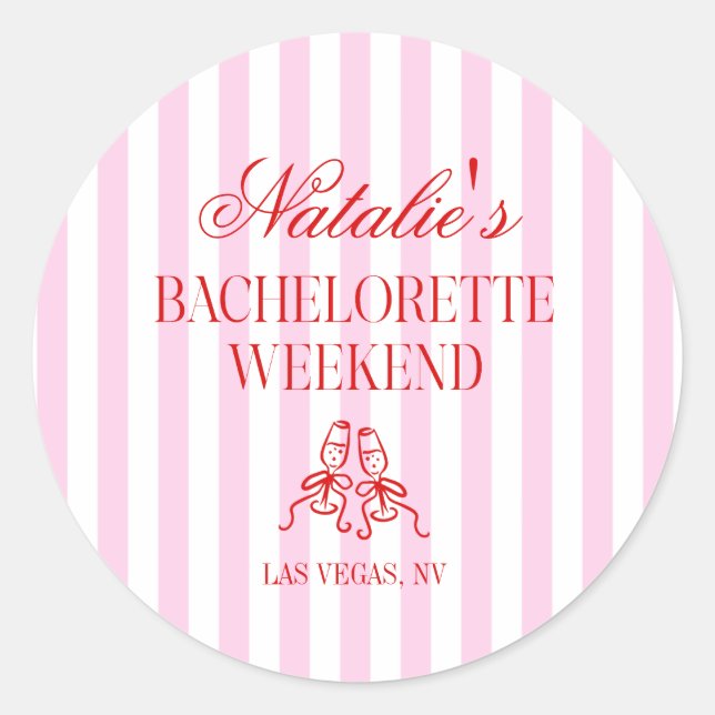 Sticker Rond Week-end de fête de Bachelorette à rayures roses r (Devant)