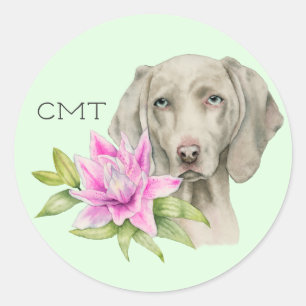 Sticker Rond Weimaraner Dog and Lily Watercolor  Monogramme