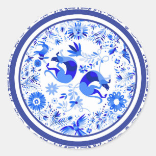Sticker Rond Weimaraners, Lapins et Oiseaux Otomi Bleu & Blanc 