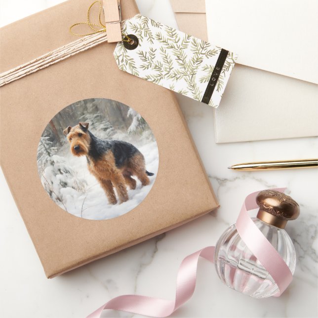Sticker Rond Welsh Terrier Laisser Neige Noël (Cadeaux)