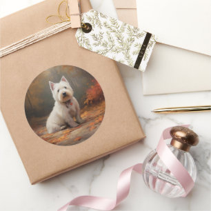 Sticker Rond West Highland White Terrier à l'automne Leaves aut
