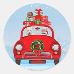 Sticker Rond West Highland White Terrier Chien avec le Père Noë
