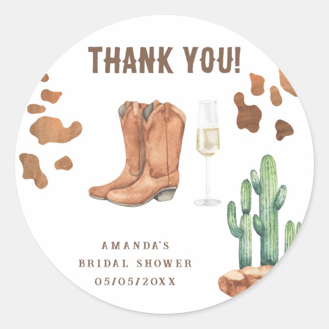 Sticker Rond Western Boots & Bubbly Cadeaux de douche de mariag (Devant)