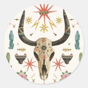 Sticker Rond Western Country Aztec Bull Skull cactus Cactus