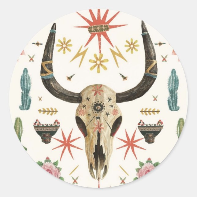 Sticker Rond Western Country Aztec Bull Skull cactus Cactus (Devant)