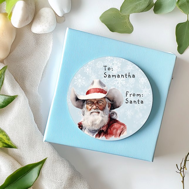 Sticker Rond Western Cowboy de Père Noël à cadeau enfant Noël (Créateur téléchargé)
