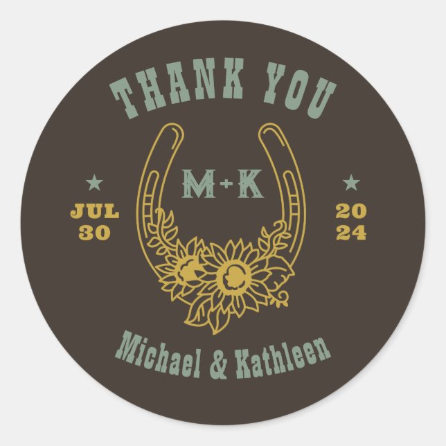 Sticker Rond Western Cowboy Floral Horseshoes Monogram Mariage (Devant)
