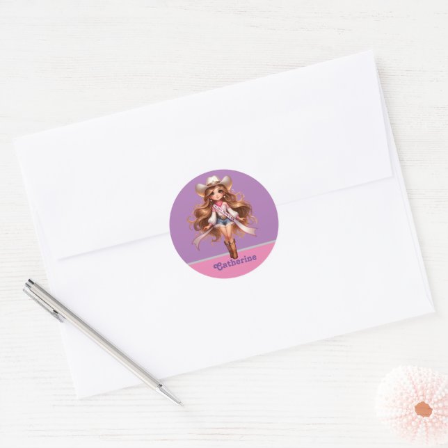 Sticker Rond Western Cowgirl Rodeo Princess 1 Personnalisé (Enveloppe)