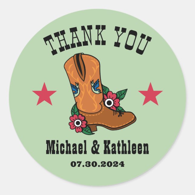 Sticker Rond Western Floral Cowboy Boot Mariage campagnard rust (Devant)