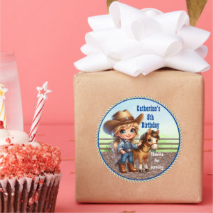 Sticker Rond Western Party Little Cowgirl Avec Cheval Personnal