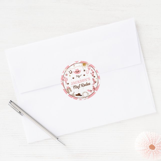 Sticker Rond Western Premier Rodéo fille 1er Anniversaire rose (Enveloppe)