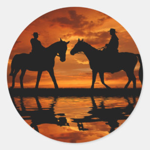 Sticker Rond Western Sunset Horseback équitation silhouette cow