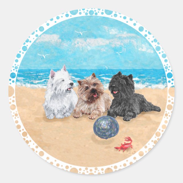 Sticker Rond Westie avec Cairn Terriers à la plage (Devant)