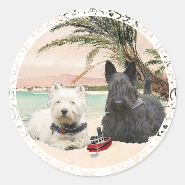 Sticker Rond Westie & Scottie sur Palmy Beach (Devant)