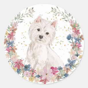 Sticker Rond Westie Terrier Fleurs de printemps Wreath