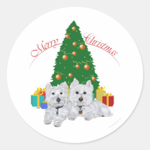 Sticker Rond Westies au pied de l'arbre de Noël
