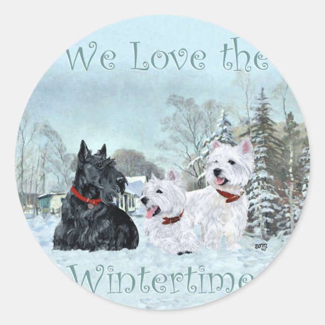Sticker Rond Westies & Scottie en hiver (Devant)