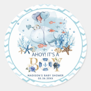 Sticker Rond Whale Ahoy C'est un garçon Baby shower Merci Favor