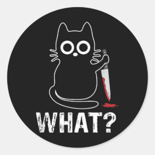 Sticker Rond What_ - Chat Drôle Avec Design Graphique Couteau