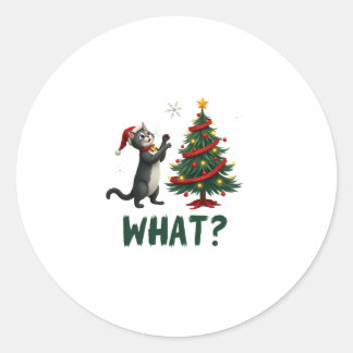 Sticker Rond What Funny Cat Pushing Christmas Tree Over Cat Xma
