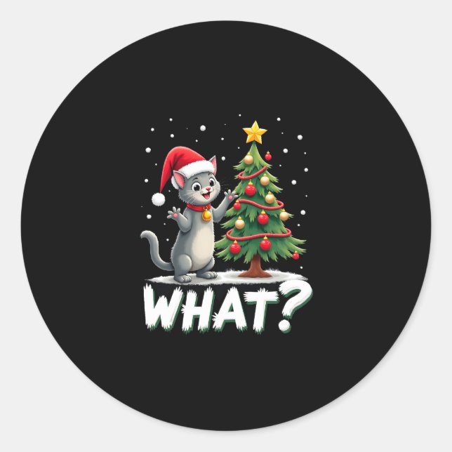 Sticker Rond What Funny Cat Pushing Christmas Tree Over Cat Xma (Devant)