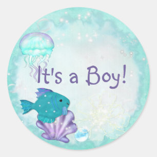 Sticker Rond Whimsey Aquarium 2 Folk Art ITS A BOY GIRL