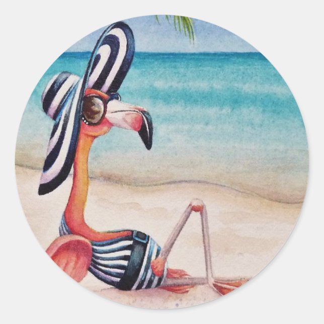 Sticker Rond Whimsical Beach Babe Flamant rose rose no 1 (Devant)