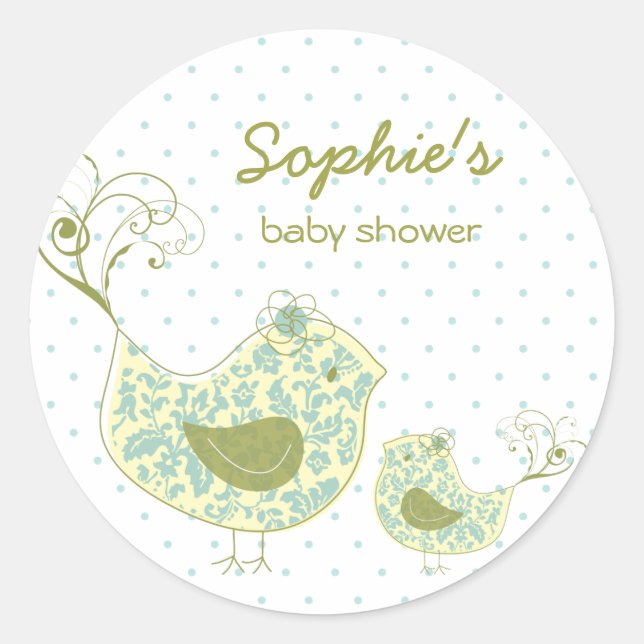 Sticker Rond Whimsical Blue Damask maman Bird & Boy Baby shower (Devant)