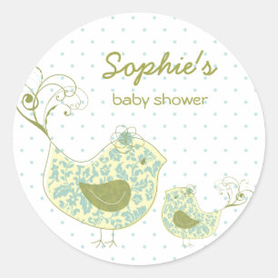 Sticker Rond Whimsical Blue Damask maman Bird & Boy Baby shower