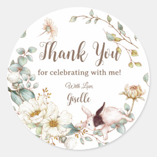 Sticker Rond Whimsical Boho Chic Lapin Lapin Botanique Floral