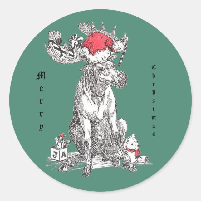 Sticker Rond Whimsical Christmas Moose Wildlife (Devant)