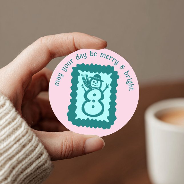 Sticker Rond Whimsical Christmas Stamp Cute Custom Merry Bright (Whimsical Christmas Stamp Cute Custom Merry Bright Snowman Classic Round Sticker
)