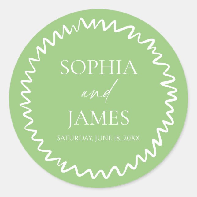 Sticker Rond Whimsical Citrus Green Wavy Border Wedding (Devant)