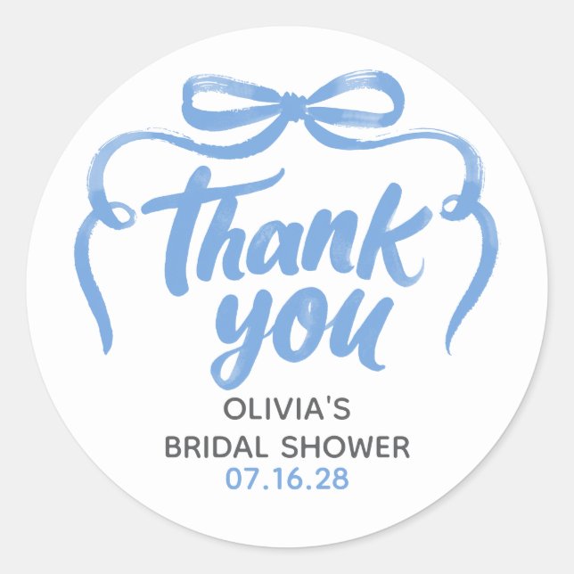 Sticker Rond Whimsical Dusty Blue Bow Bridal Shower Thank You  (Devant)