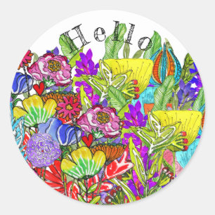 Sticker Rond Whimsical et coloré assortiment de fleurs Bonjour