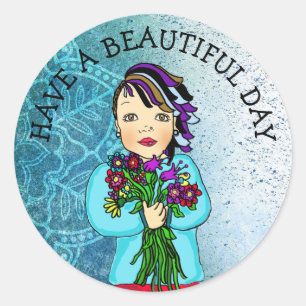 Sticker Rond Whimsical Folk Art Girl with Flowers Belle journée
