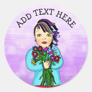 Sticker Rond Whimsical Folk Art Girl with Flowers Belle journée